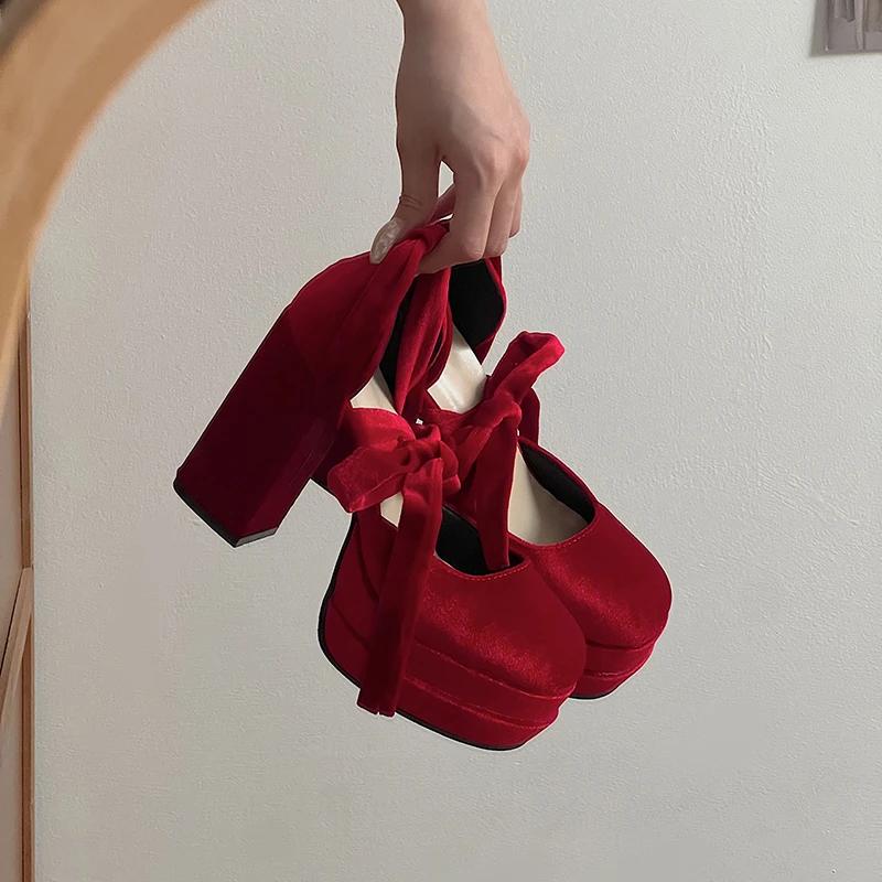 Модные туфли AJGS на платформе для женщин, туфли Мэри Джейн, женская модная обувь на толстом высоком каблуке с перекрестными шнурками, женские элегантные туфли-лодочки