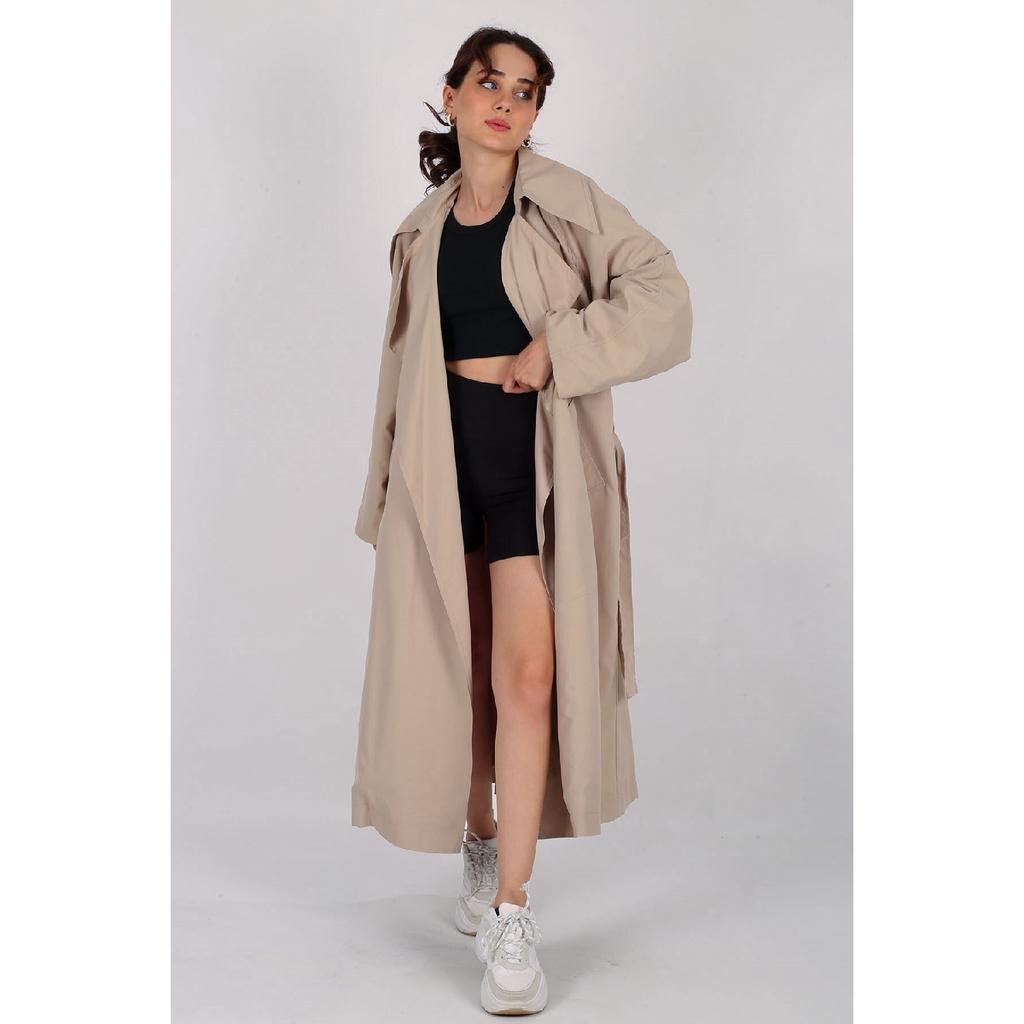 Women's Beige Belted Seasonal Trench Coat