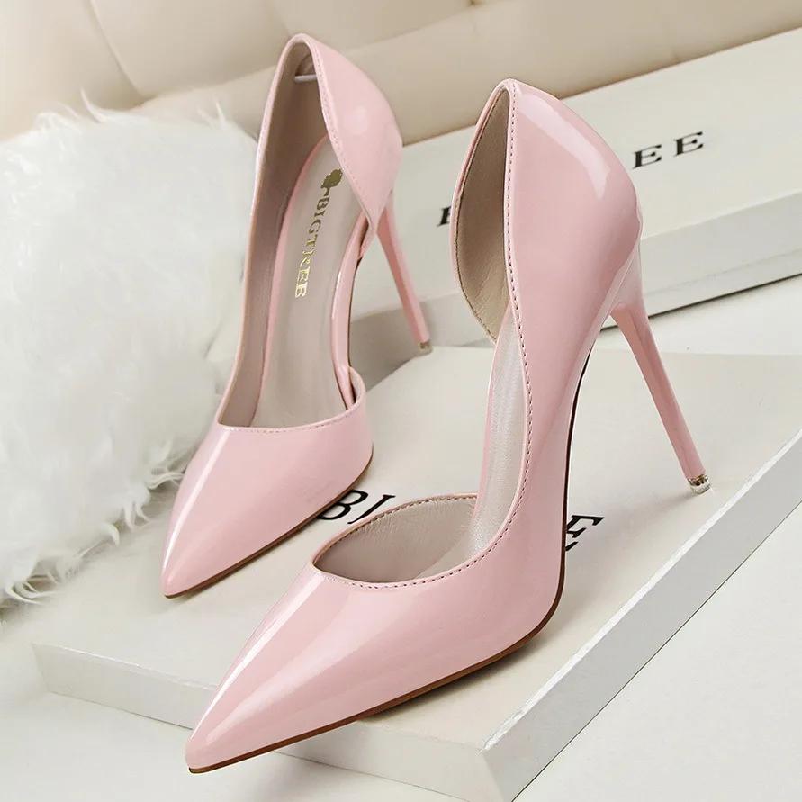 Fashion Sexy Pointed Toe Patent Leather Design Women Pumps Shallow Hollow Women Elegant Thin High Heels Stripper Shoes Career Work Shoes