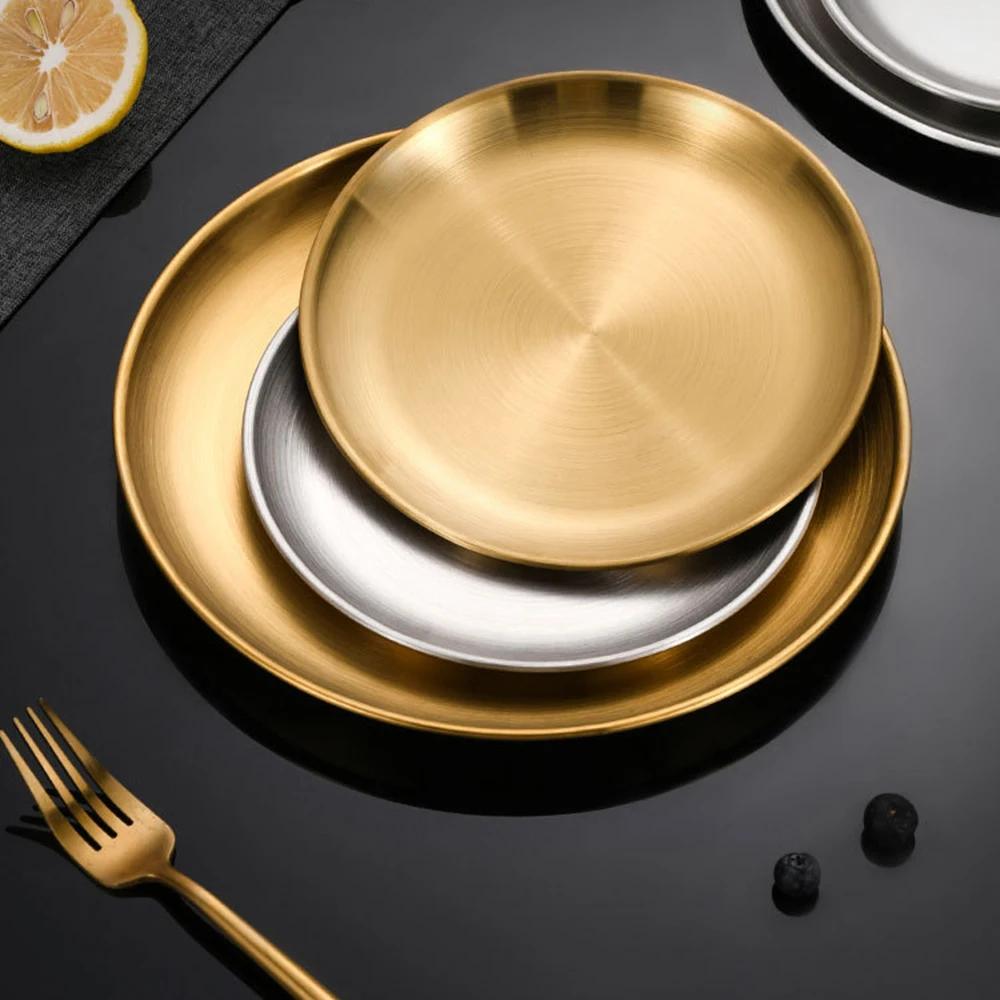 4 шт. Круглая золотая тарелка, нержавеющая сталь, мелкий поднос, тарелка 20/23/26/30 см, походная тарелка, посуда для барбекю, пикника, кухонная посуда
