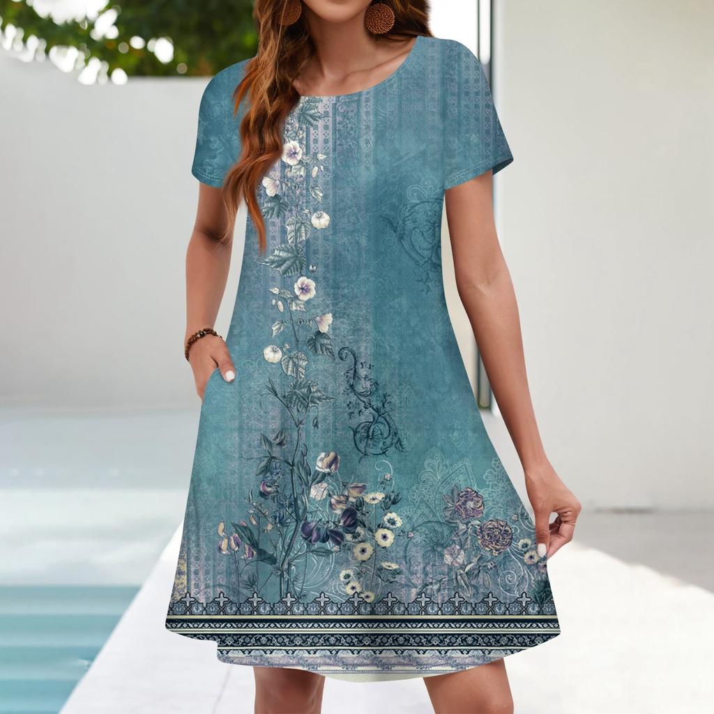Summer Dresses For Women Beach Floral Sundress Short Sleeve Pockets Casual Tshirt Dress