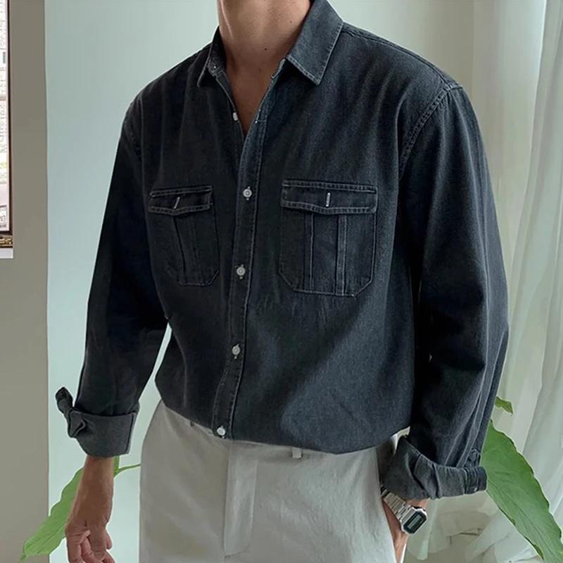 Весенняя уличная мужская джинсовая рубашка с карманами в стиле пэчворк, с длинным рукавом, джинсовая рубашка для мужчин, винтажные однотонные джинсовые кардиганы на пуговицах