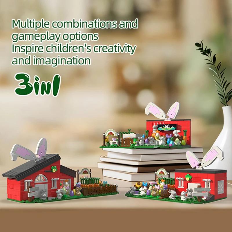 445PCS Easter Farm Party Building Blocks 3IN1 Bunny House Model Bricks Set With Light Kids Educational DIY Toys Holiday Gift