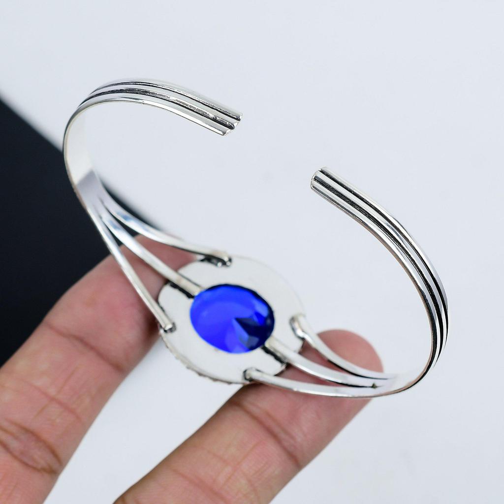 Dainty Blue Sapphire Gemstone Handmade Cuff Bangle 925 Sterling Silver Cuff Bangle, Blue Sapphire Cuff Bangle For Wife , Unisex Bangle, Gift
