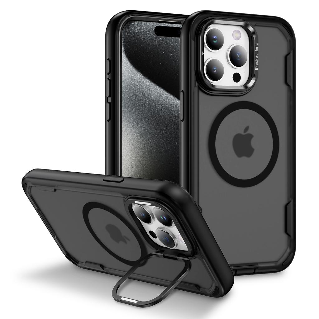 For iPhone 15 Pro Max Case Compatible with MagSafe Lens Frame Kickstand TPU+PC Shockproof Phone Cover