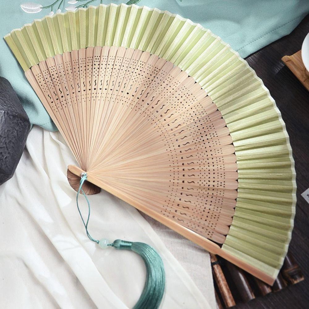 Handhold Chinese Fan with Tassel Dance Fan Antique Silk Fan Bamboo Folding Fan Summer