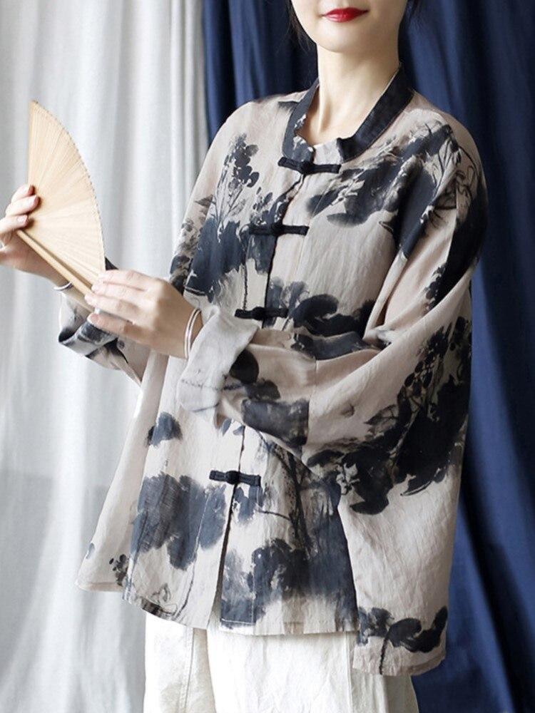 Johnature Женские рубашки рами в китайском стиле, топы на пуговицах с длинными рукавами, свободные осенние блузки, рубашки с принтом, стирка чернил