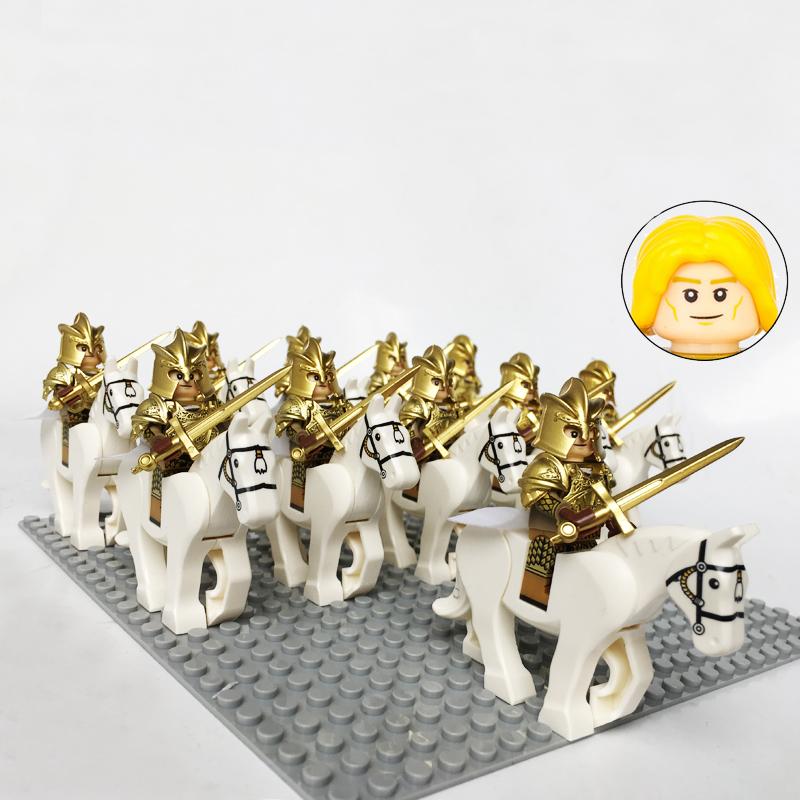 Medieval Knights Castle Cavalry Rohan Soldiers Guard Army Lotr Cavalier With Weapon Armor Helmet Shield and Horse Figure Blocks