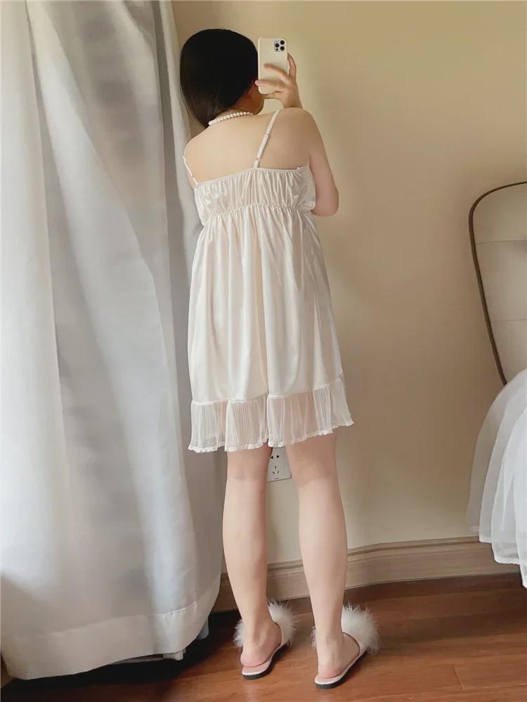 Plus-Size 200 Lbs Loose-Fit Lace Ice Silk Nightdress with Chest Pad