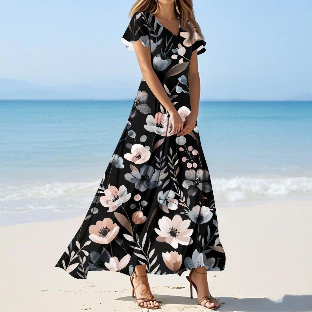 Women's Casual Fashion Print Long Dresses V-Neck Short Sleeve Dresses