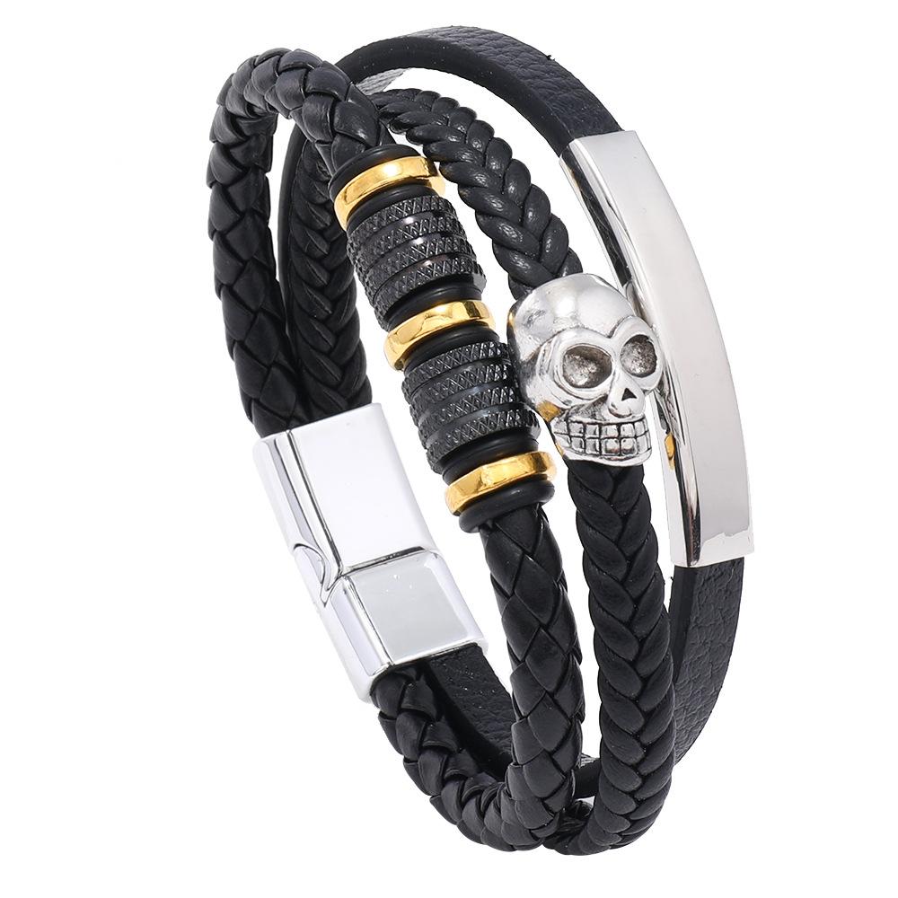 New Trendy Multilayer Leather Rope Bracelet With Magnet Buckle Bracelet Bangle Charm Skull Leather Bracelet for Men