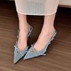 One-word Buckle with Bag Head Fashion Women's Sandals Summer Pointed Head Thin Heel Denim High Heels New Niche Temperament
