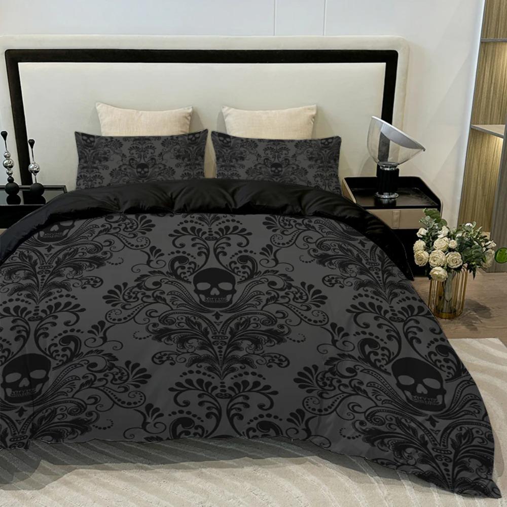 3pcs Skull Flower Duvet Set with Flower Skull Pattern Includes Suitable for All Seasons