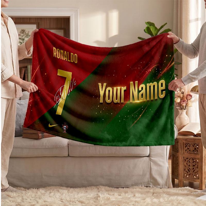 Cristiano Ronaldo Personalized Fleece Blanket With Football Logo, Custom Name Text Soft Warm Home Throw Blanket