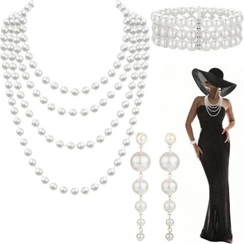 European and American fashion simple pearl bracelet necklace earrings ring set party dress bracelet necklace earrings combination