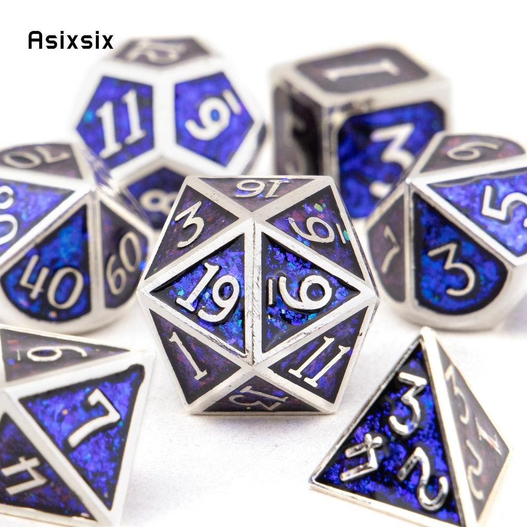 7 шт. серебристо-синие стандартные металлические кубики, набор цельнометаллических многогранных кубиков, подходящий для ролевой ролевой игры, настольной игры, карточной игры
