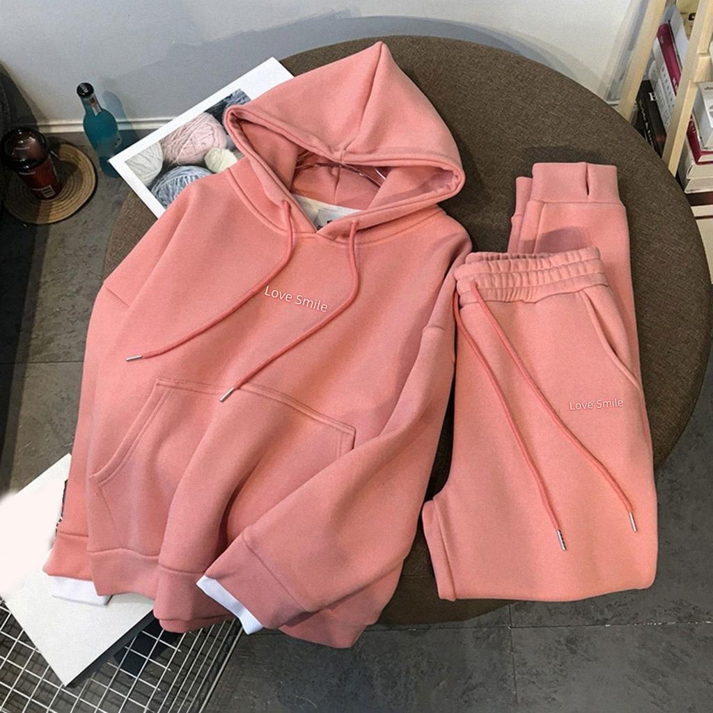 Autumn Winter Thick Jogger Two-piece Set Warm Hooded Sweatshirt Tracksuit High Waist Harem Pants Suits Thick  Ankle Pants Set