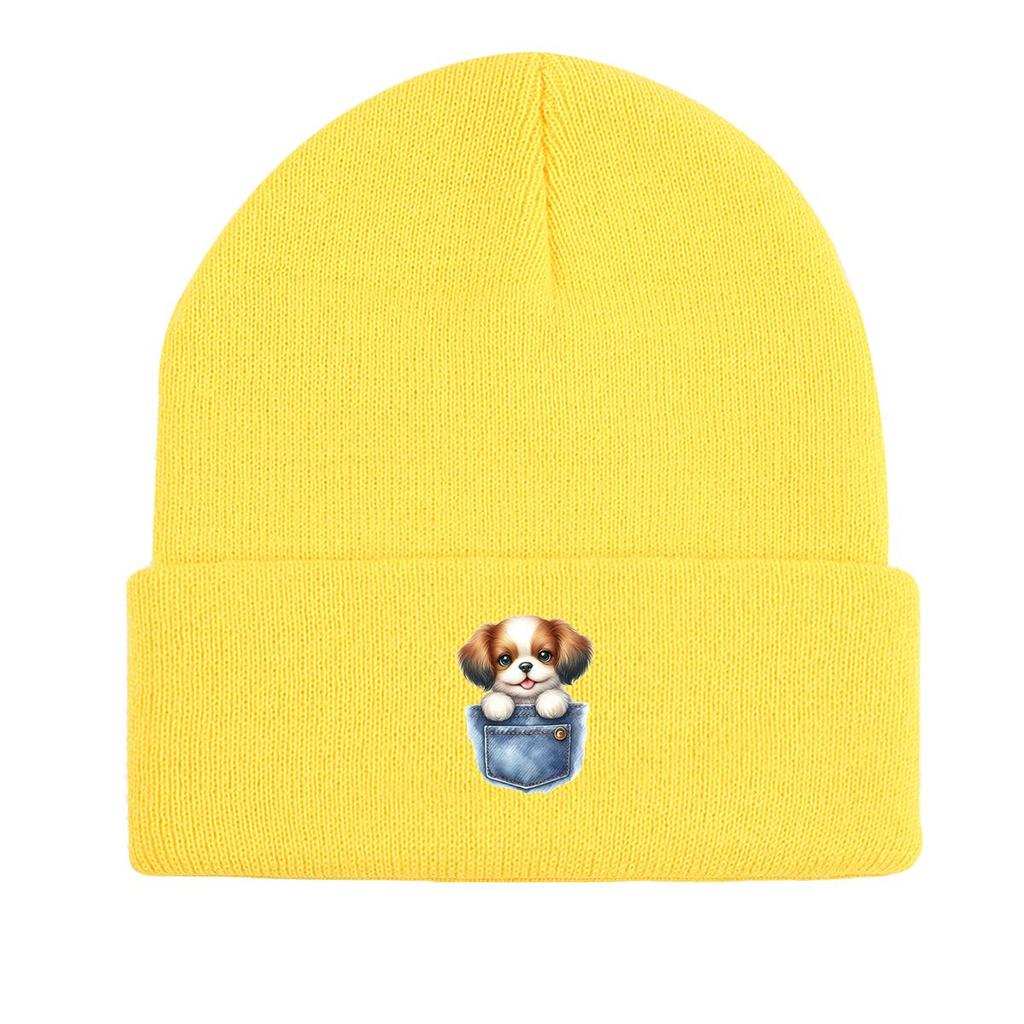 Cartoon Dog Pocket Warm Knitted Cap Beanie, Animal Woman Cap Cozy Candy Color Solid Color Pompom Beanies Knit Hat Beanie