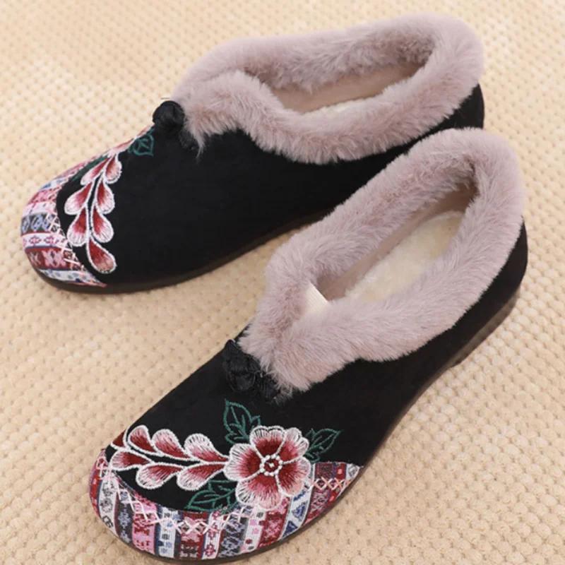 Мода 2024Женские лоферы Вышитые Вышитые Для среднего и пожилого возраста Сумка Каблук Модные Теплые Мягкая подошва Волосатые туфли