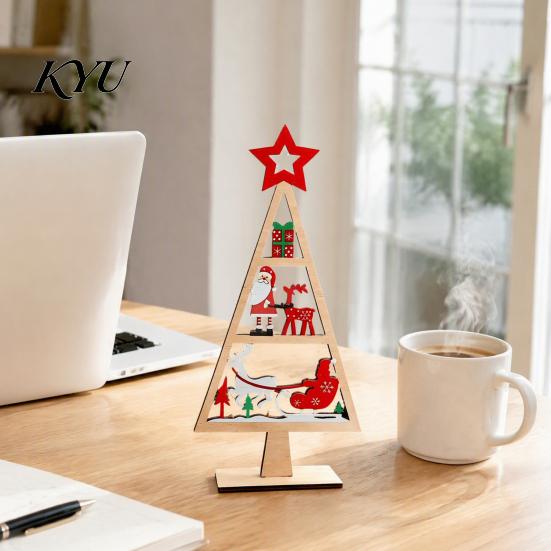 Vintage Style Xmas Decor Wooden Tabletop Christmas Tree Decor, Hollow Ornament, Farmhouse Desktop Ornament Centerpiece for Holiday Party Home