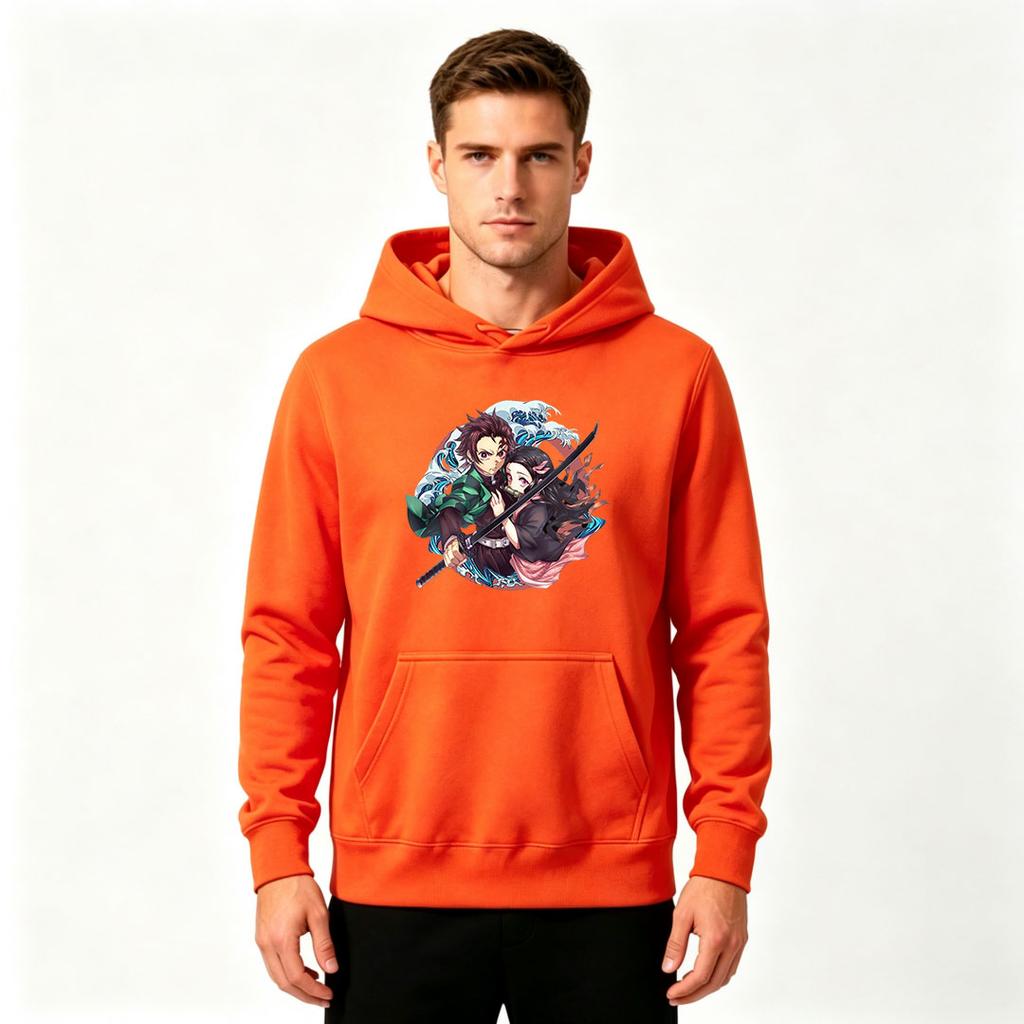 Anime Print Men Pullover Hoodie, Casual Long Sleeve Sweatshirt with Demon Character Pattern