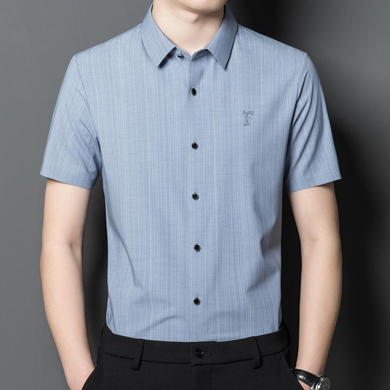 Summer New Young and Middle-Aged Thin Striped Solid Color Short Sleeve Shirt Men's Lapel Business Casual Shirt Men