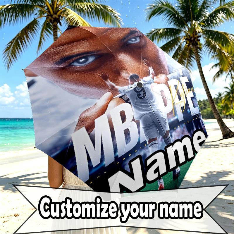 Custom Name Personalized Kylian Mbappe Print Umbrella, Auto Open Close, 8‑Rib Sturdy Frame, Commute Camping Hiking Use, Birthday Gift