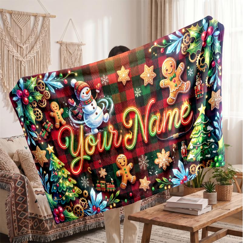 Christmas Custom Name Printed Flannel Blanket Warm Comfort Bed Throw Home Decor Holiday Gift