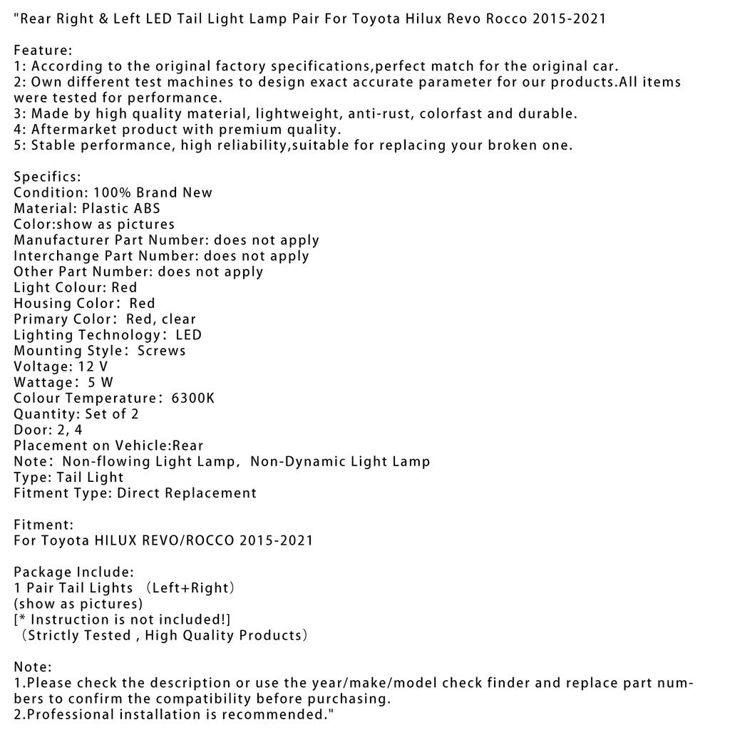 Rear Right & Left LED Tail Light Lamp Pair For Toyota Hilux Revo Rocco 2015-2021