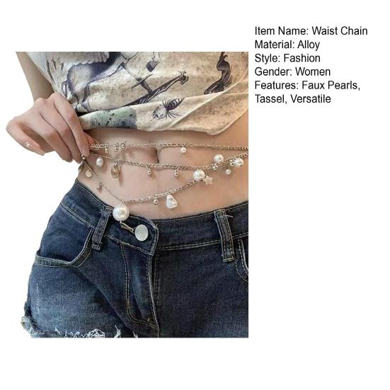Women Waist Chain Multi Layer Faux Pearls Tassel Design Belt Chain Jeans Skirts Dresses Versatile Accessory