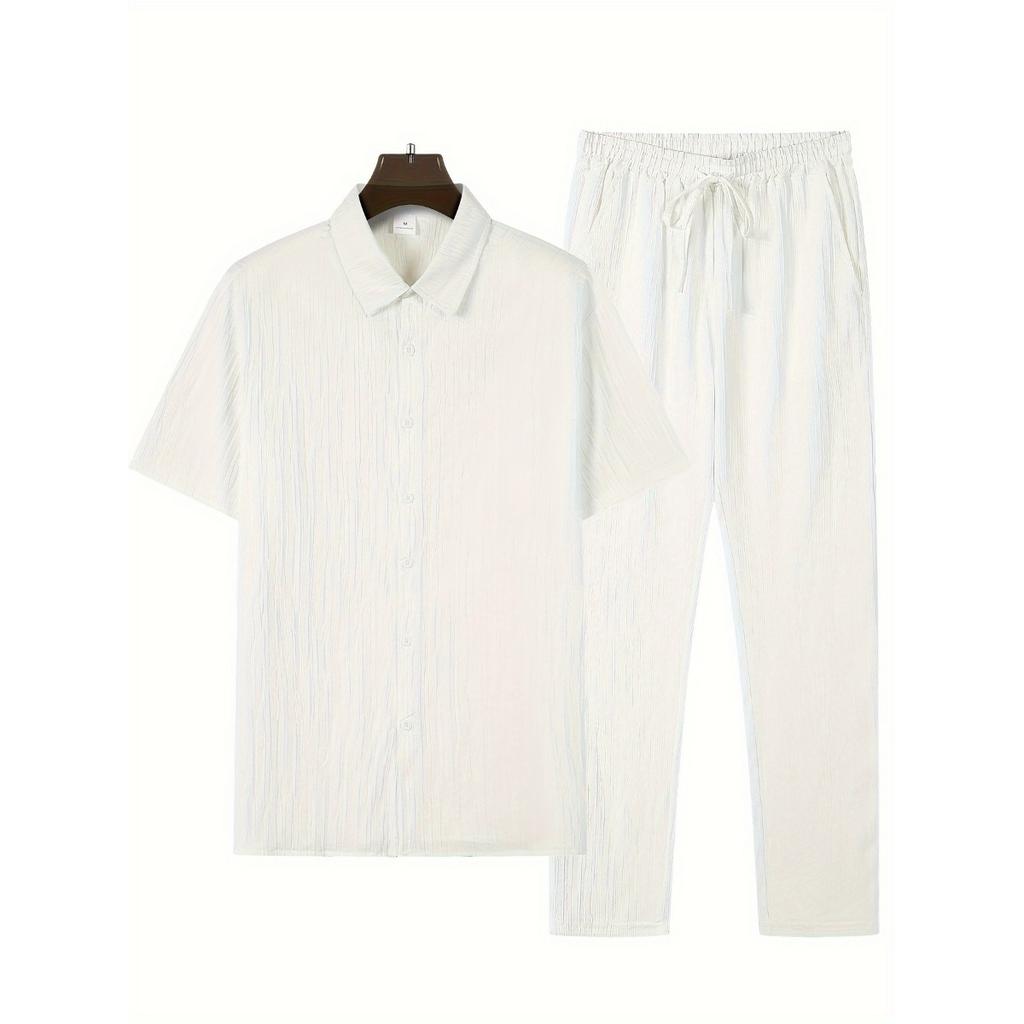 Мужская повседневная полосатая толстовка с коротким рукавом, воротником-стойкой на пуговицах и эластичным поясом, брюки из полиэстеровой ткани с добавлением эластана, двухкомпонентный