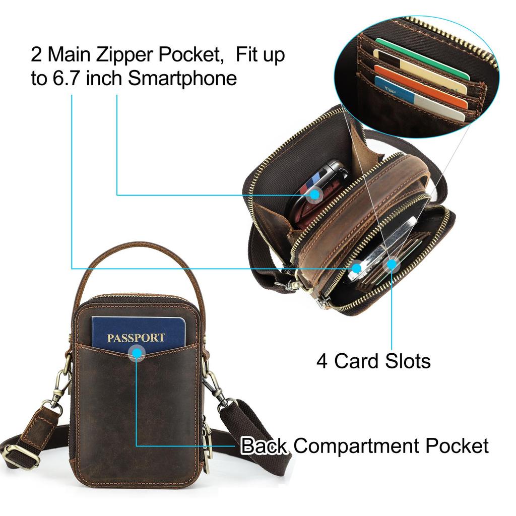 Genuine Leather Men Small Shoulder Bag Vintage Crossbody Messenger Bag With Phone And Card Holder Handbag