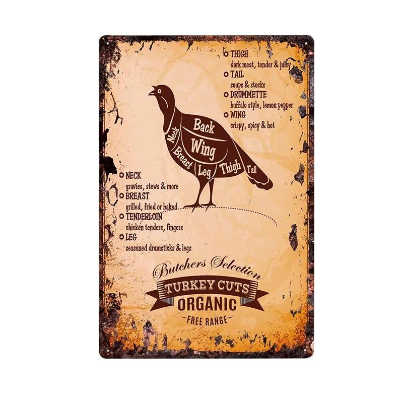 Butcher Shop Vintage Metal Sign Kitchen Poster Beef Pig Duck Meat Cuts Collection Guide Retro Wall Plaque Painting Craft 20x30cm