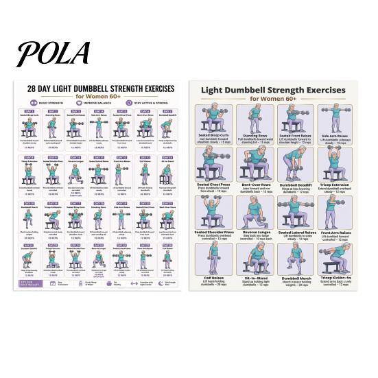 Dumbbell Workout for Weak Muscles 2 Pcs 28 Days Light Strength Exercise Poster Women 60+, Home Guide Gym Fitness Training Guide, Full Body Chart Wall