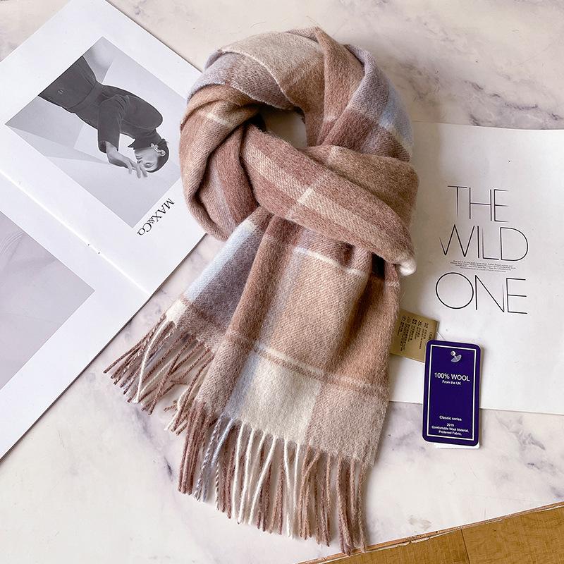 "2024 Роскошный женский шерстяной клетчатый шарф - Красочный, Теплый, Длинный с кистями для осени и зимы"