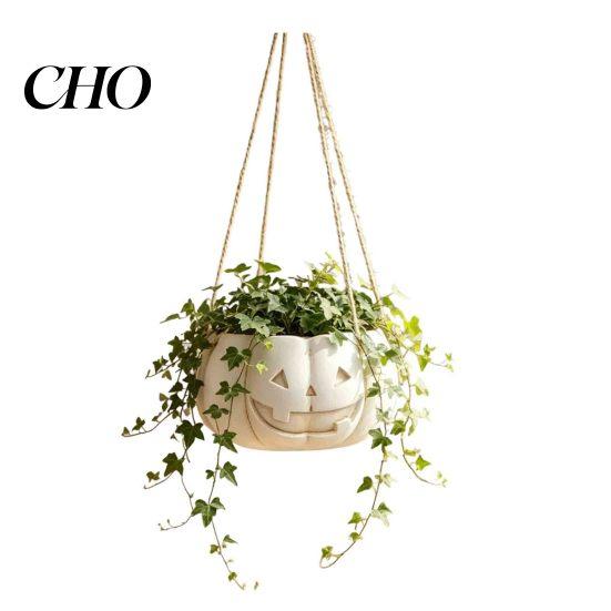 Decorative Plant Container for Bookshelf Pumpkin Shaped Hanging Pot, 4.3 Inch Lightweight Resin Flower Adjustable Modern Holder Rope Mini Pots Indoor