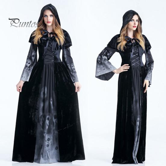 Halloween Costume Suit Witch Queen Dress Shawl Set Scary Death God Women Outfit Skull Printed Dark Style Dress for Halloween Party Stage Show