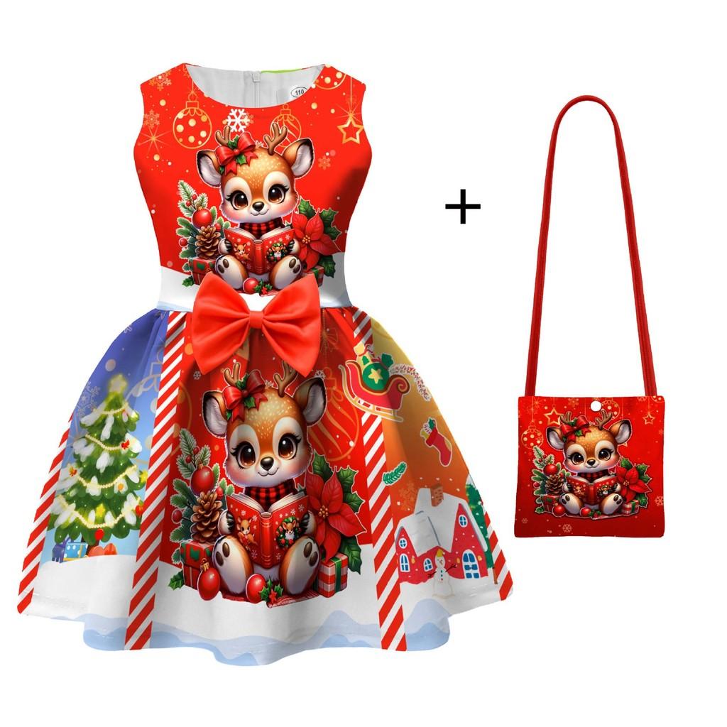 Детское платье для девочек с мультяшным принтом Санта-Клауса, рождественской елки, лося, бантом, без рукавов, повседневное