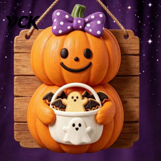 Indoor Wall Hanging Vintage Wooden Halloween Welcome Door Hanger, Pumpkin Ghost Skull Witch Front Porch Decoration Sign, Farmhouse Decor for