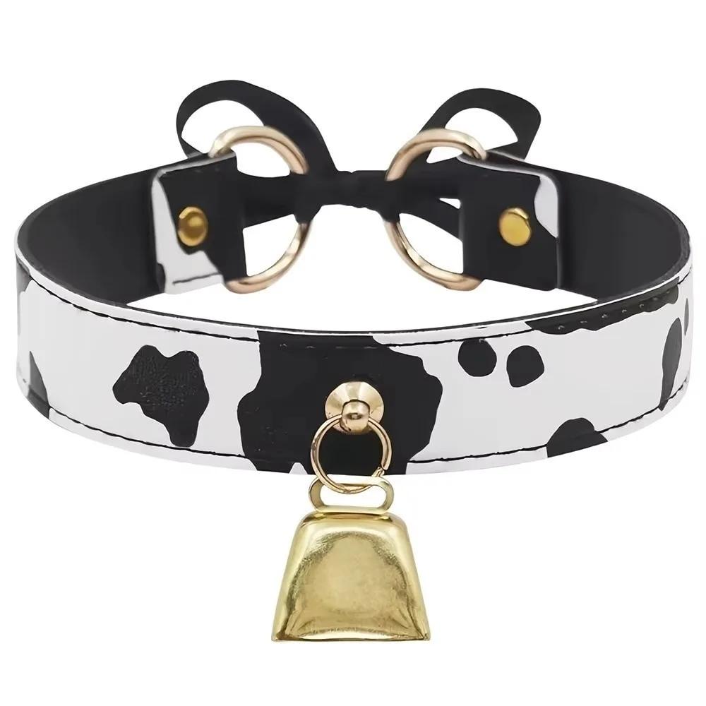 Fashion Leather Choker Cow Print Adjustable Bell Collar Bow Necklaces