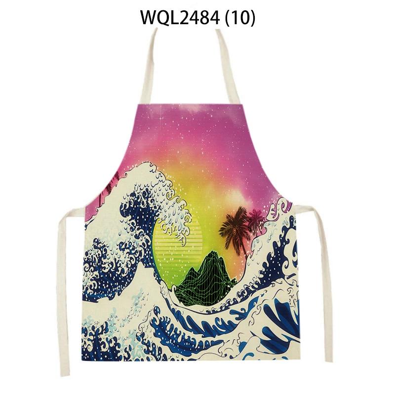 Japanese Style Kitchen Waves Sunrise Print Aprons for Women Linen Pinafore Bibs Household Cleaning Home Cooking Apron