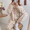 Heart Print Home Suit Loose Cotton Casual Sleepwear Pajamas Set Trousers Harajuku Home Clothes Kawaii Single Breasted Top