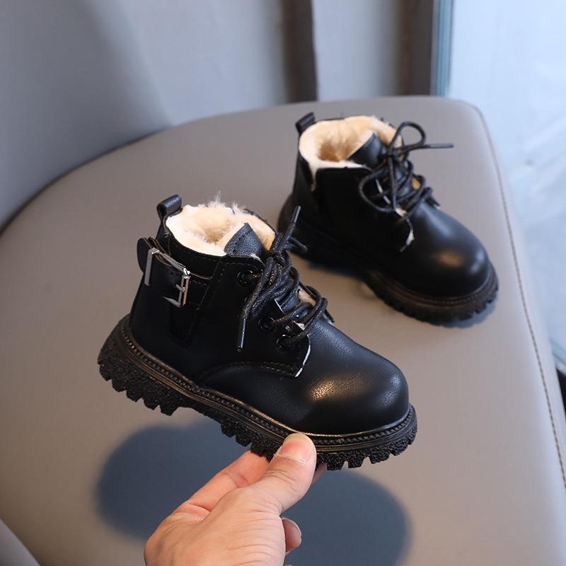 Autumn and Winter Solid Color Retro Children's Short Boots Velvet Martin Boots Side Zipper Soft Sole Thermal Cotton Boys and Girls Leather Boots