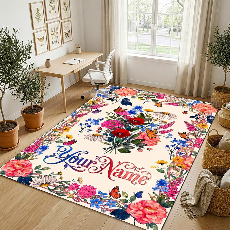 Floral Theme Soft Crystal Velvet Rug Custom Name & Text Print Non Slip Floor Rug for Bedroom Living Room