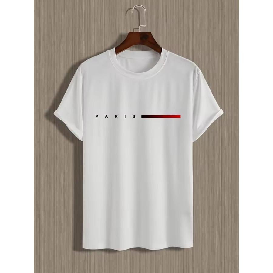 Men's 100% Cotton Summer Loose PARIS Creative Letter Print Casual Slim Fit Round Neck Short Sleeved T-shirt Top
