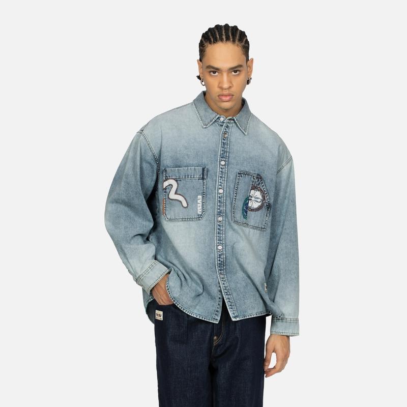 Evisu Ручная строчка и много принтов Широкая джинсовая рубашка Мужские рубашки 2ESHTM4DL8012LFDN