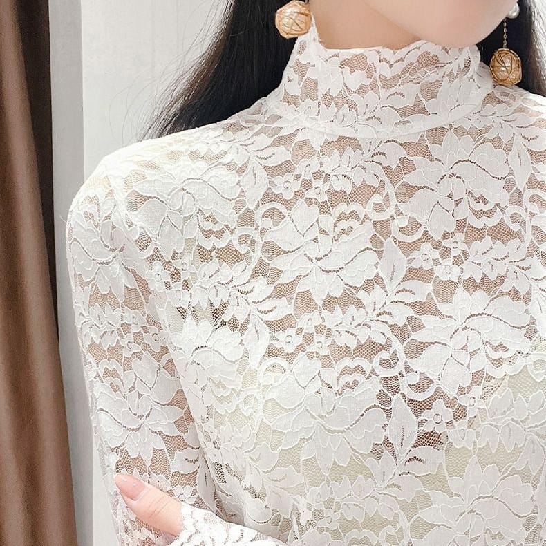 Hollow Lace Bottoming Shirt Slim Fit Long Short-sleeved T-shirt Women's Top Half Turtleneck Slim Fit