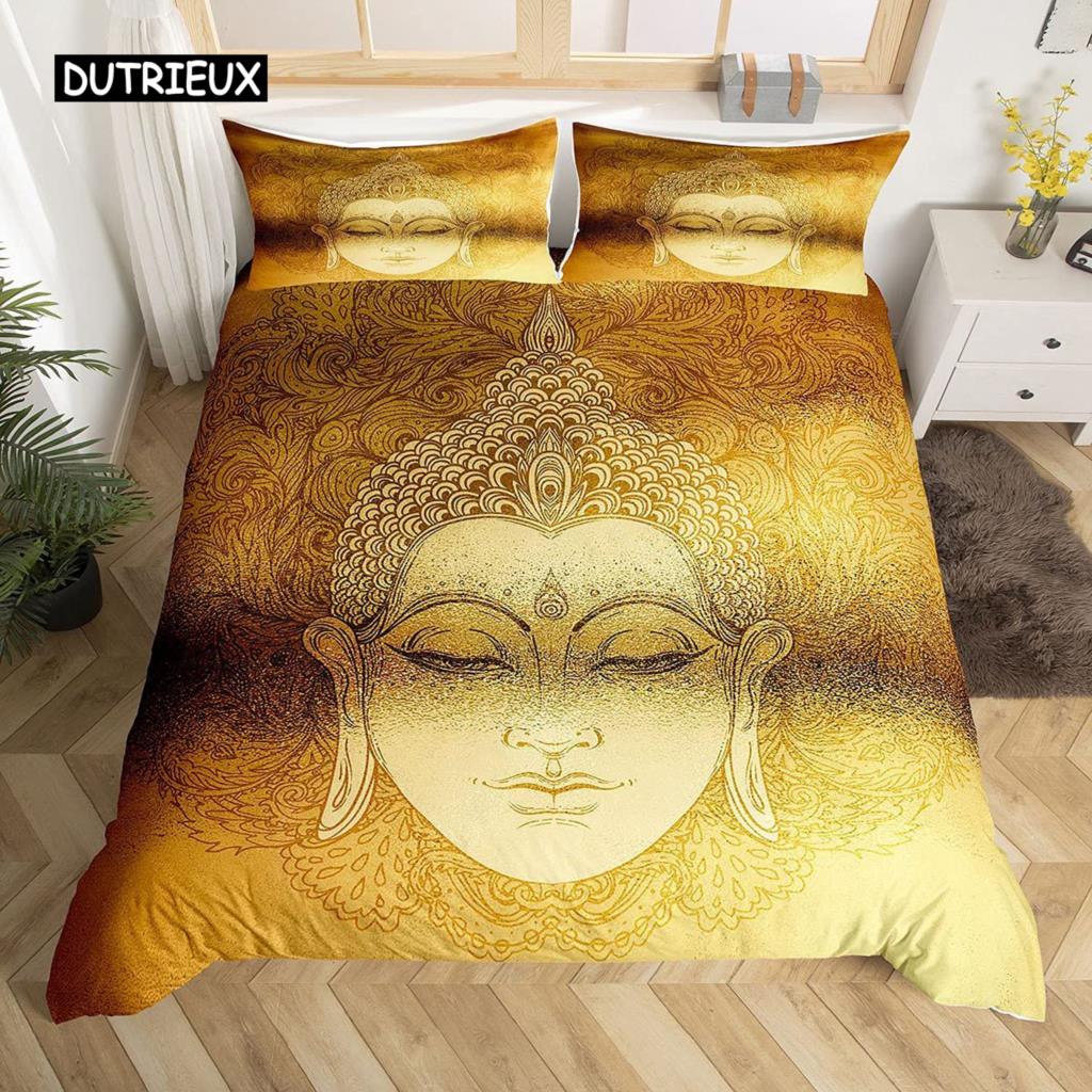 Mandala Buddha Duvet Cover Set,Bohemian Bedding Set Golden Black Lotus Flowers Print Luxury Microfiber Polyester Comforter Cover