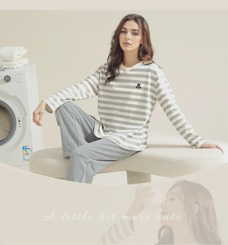 Женская осенняя пижама с длинными рукавами и рисунком из мультфильмов, с нагрудными накладками - тонкий хлопок для ношения в помещении и на улице весной, осенью и зимой