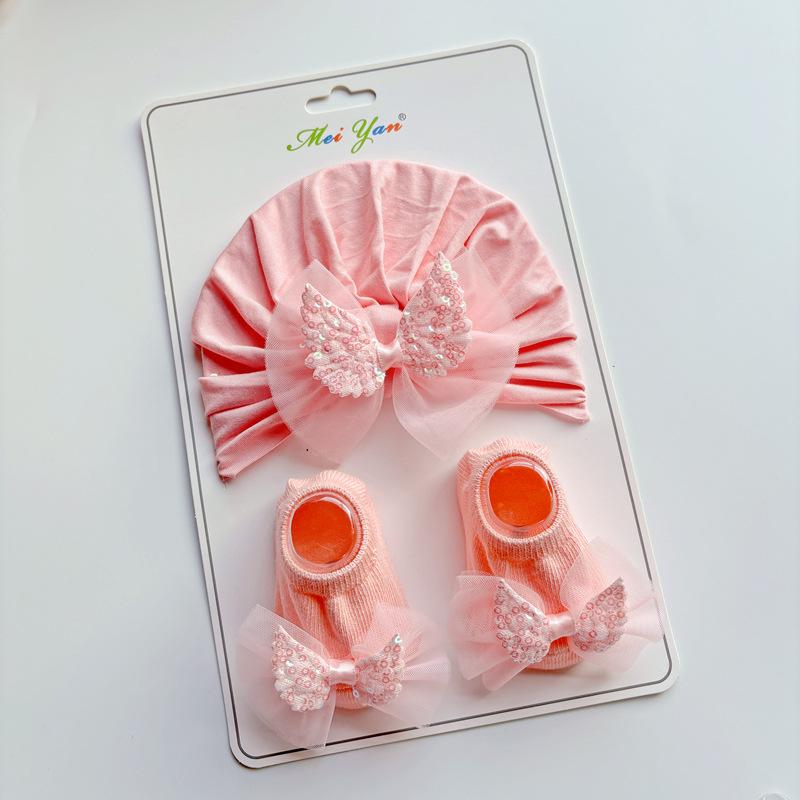 Цветок Детская Шапка-Тюрбан Носки Комплект Кружево Бант Новорожденный Индийская Шляпа Однотонный Хлопок Детские Носки-Следки Детский Головной Убор Аксессуары для Волос